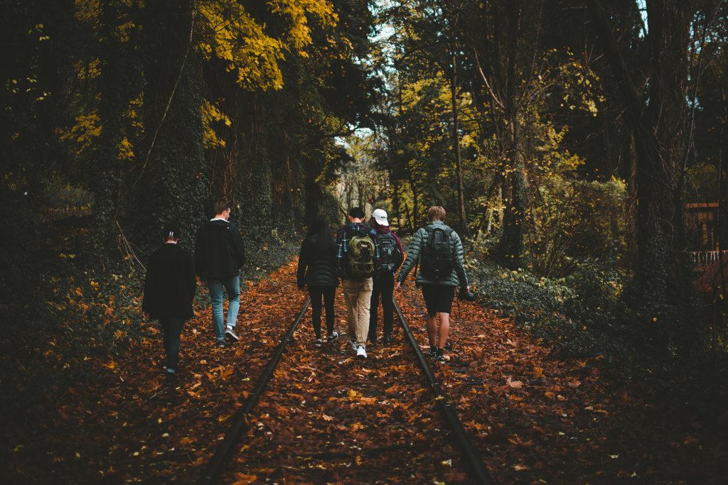 A group of young men walk through a wooded area in the fall. they make up their own small group. A group of young men walk through a wooded area in the fall. they make up their own small group.