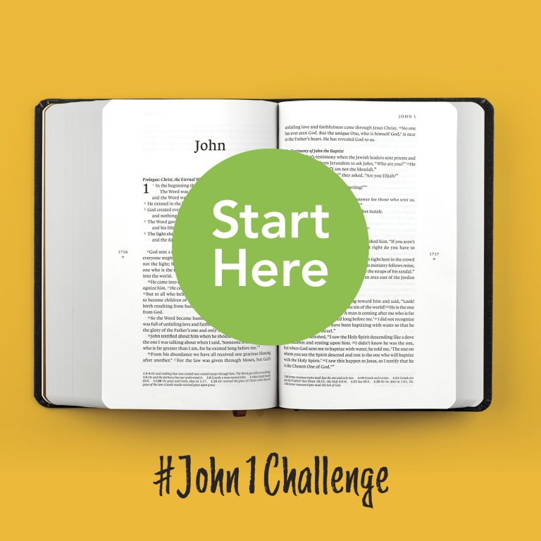 A Bible sits open at the Book of John on a yellow background. The hashtag John 1 Challenge, and a pop out sticker saying 'Start here' accompany the Bible. This picture states that John is the place to start reading the Bible!
